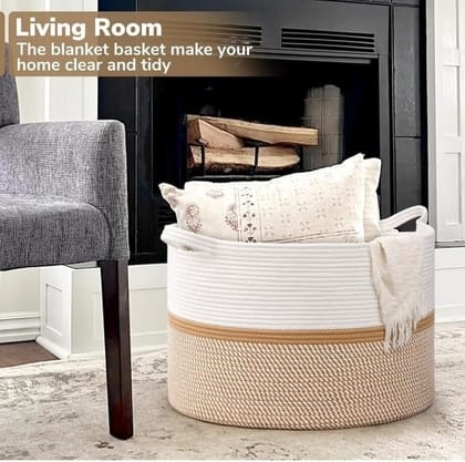 Generic Cotton Dori 16x14 Inch Storage Basket For Clothes With Out Lid (White-Beige-White)-PID66466