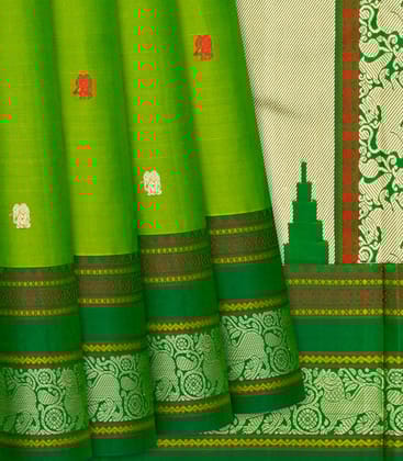 Leafy Green Handloom Kanchipuram Silk Saree With Elephant Motifs-Leaf Green-Leaf Green