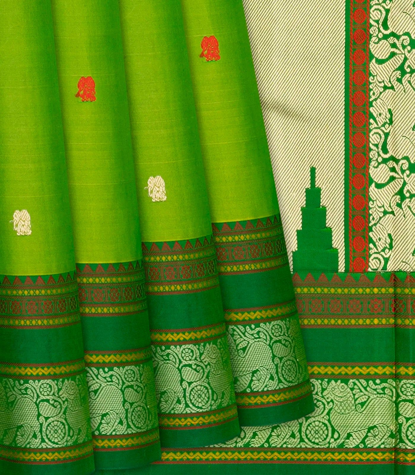 Leafy Green Handloom Kanchipuram Silk Saree With Elephant Motifs-Leaf Green-Leaf Green