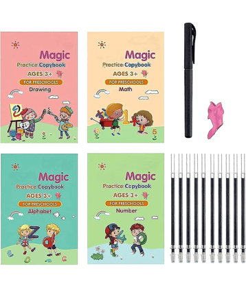Sank Magic Practice Copybook - (1 Pen + 1 Grip + 4 BOOKS + 10 REFILL)   Writing & Drawing Books Kit Calligraphy Books for kids Alphabets for Kids Learning Handwriting Practice Copybook for Kids With Pen set for Preschooler