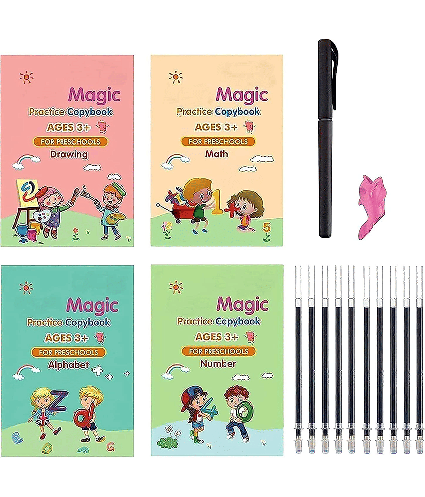 Sank Magic Practice Copybook - (1 Pen + 1 Grip + 4 BOOKS + 10 REFILL)   Writing & Drawing Books Kit Calligraphy Books for kids Alphabets for Kids Learning Handwriting Practice Copybook for Kids With Pen set for Preschooler