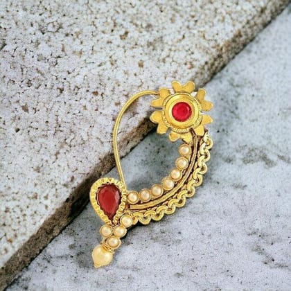 Traditional Gold-Plated Pearl-Studded Banu Nath Maharashtrian Nosepin Nath(Piercing Required)