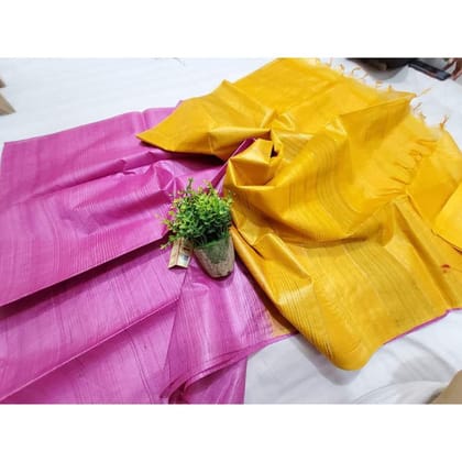 Silkmark Eri Tussar Striped Pink & Yellow Saree