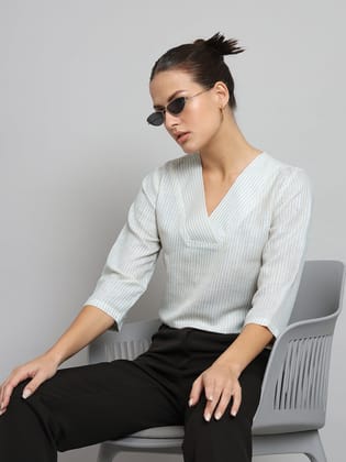 V-Neck Stripes Poly Linen Top- Beige-S