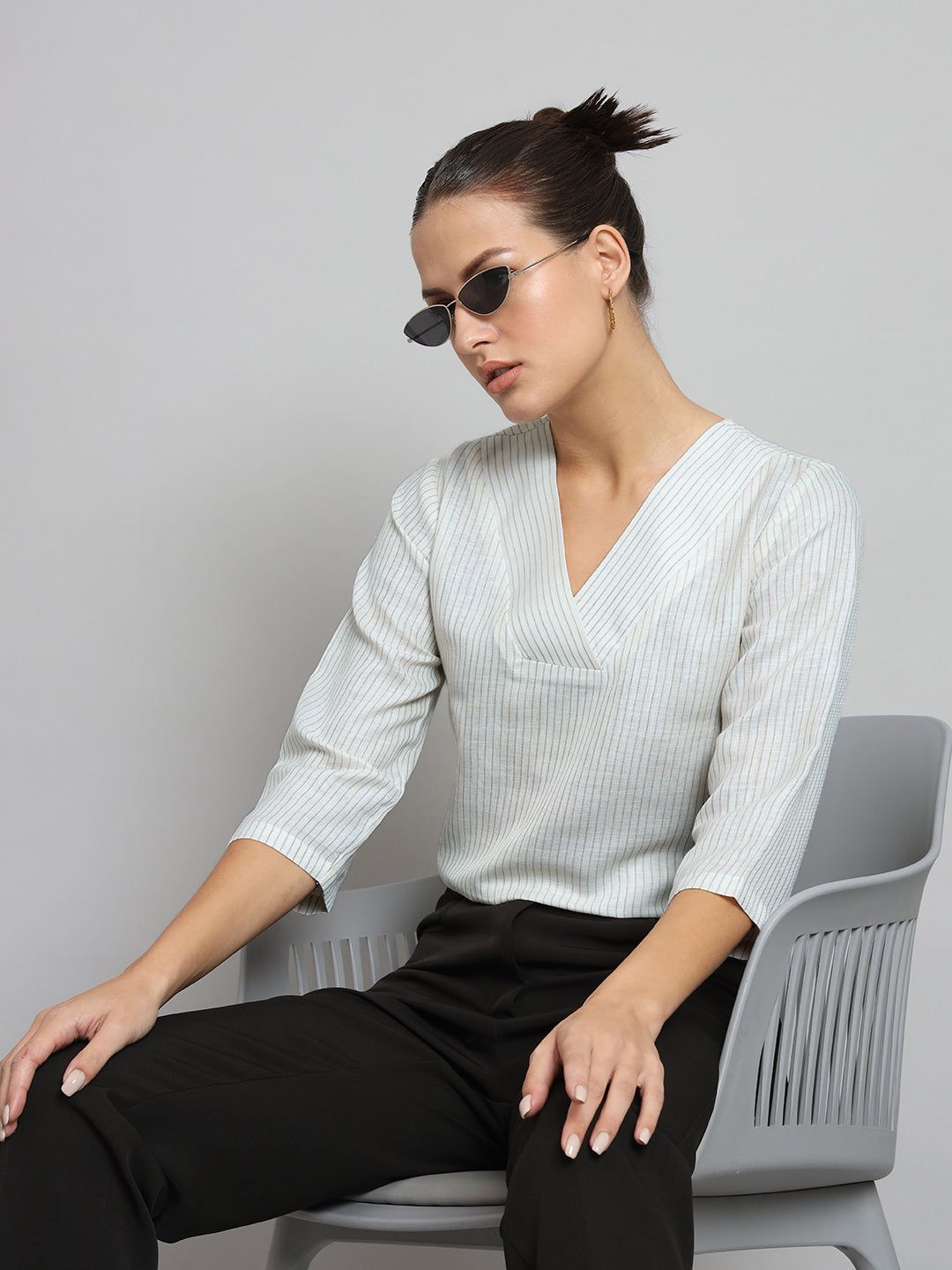 V-Neck Stripes Poly Linen Top- Beige-S