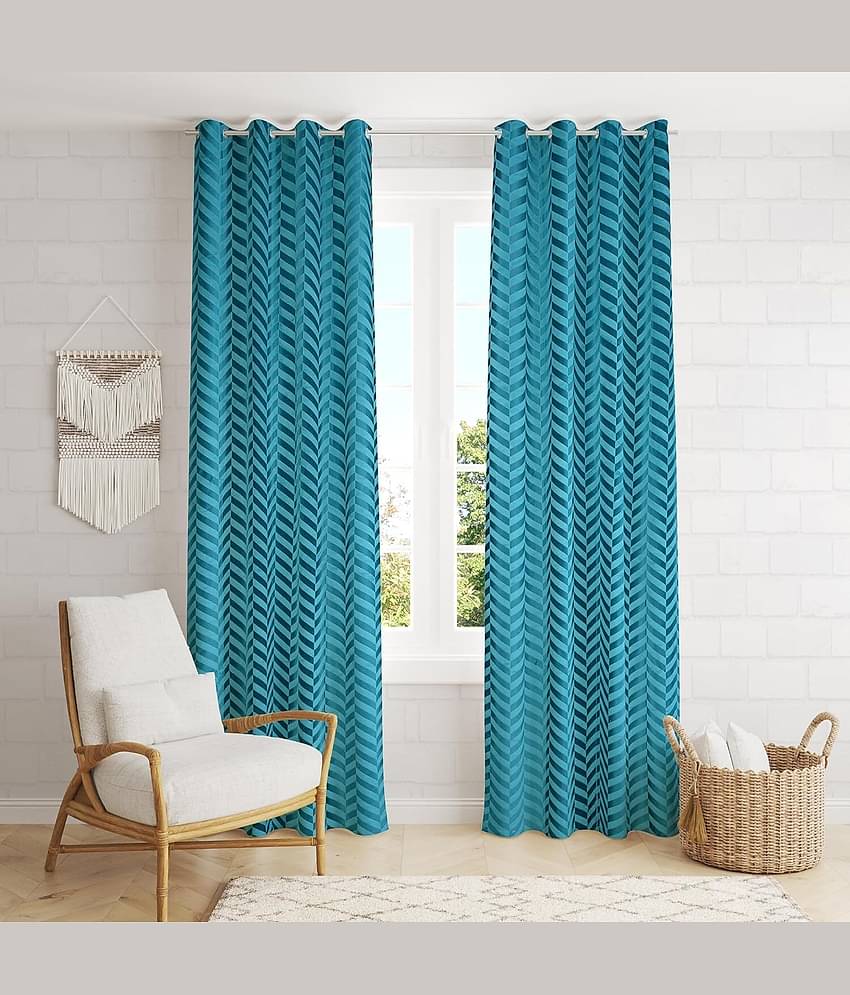 Kraftiq Homes Geometric Room Darkening Eyelet Curtain 7 ft ( Pack of 2 ) - Light Blue
