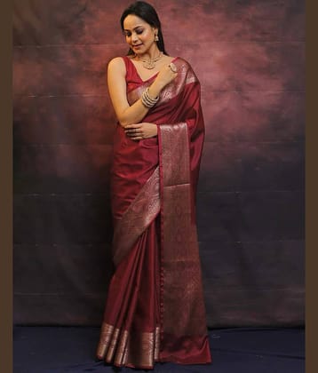 Satrani Silk Woven Saree With Unstitched Blouse Piece ( Maroon )