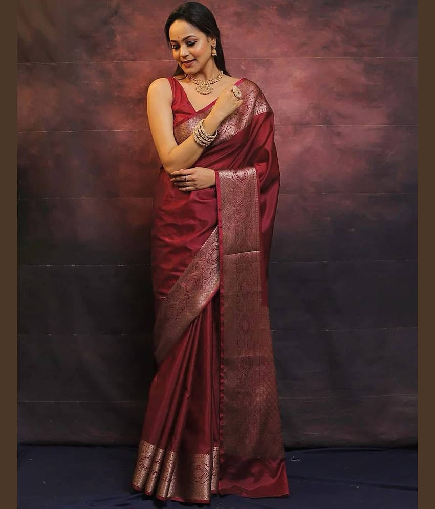 Satrani Silk Woven Saree With Unstitched Blouse Piece ( Maroon )