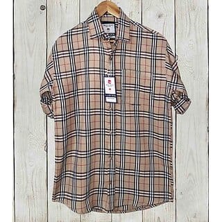 Fashlook Checkered Curved Collar Regular Fit Cotton Blend Casual Cream Shirt For Mens
