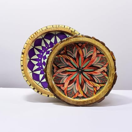 BELONGINGS Serving Round Trays Set of 2 | Serving Tray | Kitchen&Dining | Tableware | 100% Wood | Resin Tray | 12x12 & 9.5x9.5 inches