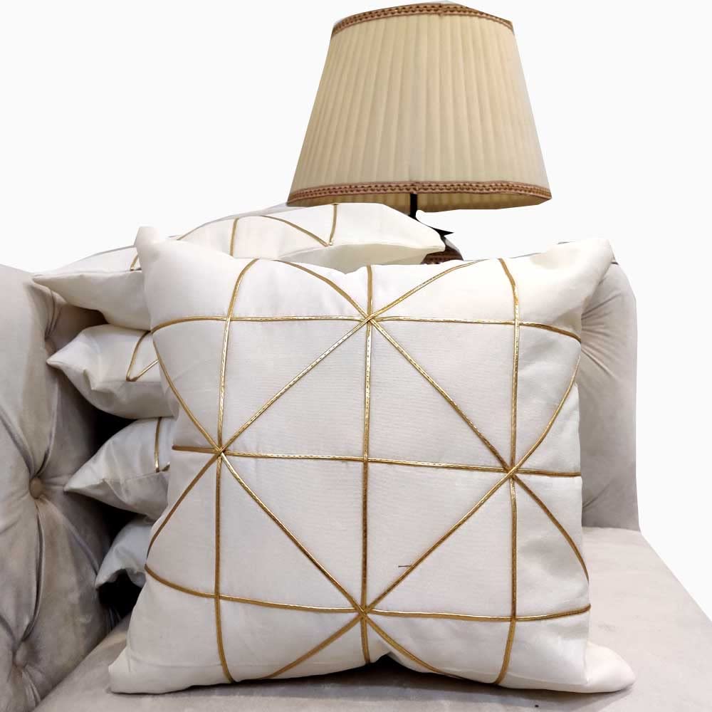 White Gold Leather Striped Patchwork Cushion Case Luxury Modern Throw Pillow Cover Decorative Pillow for Couch Living Room Bedroom Patches Cushion Cover (16X16 Inches, 40 cms*40 cms) - Pack of 5