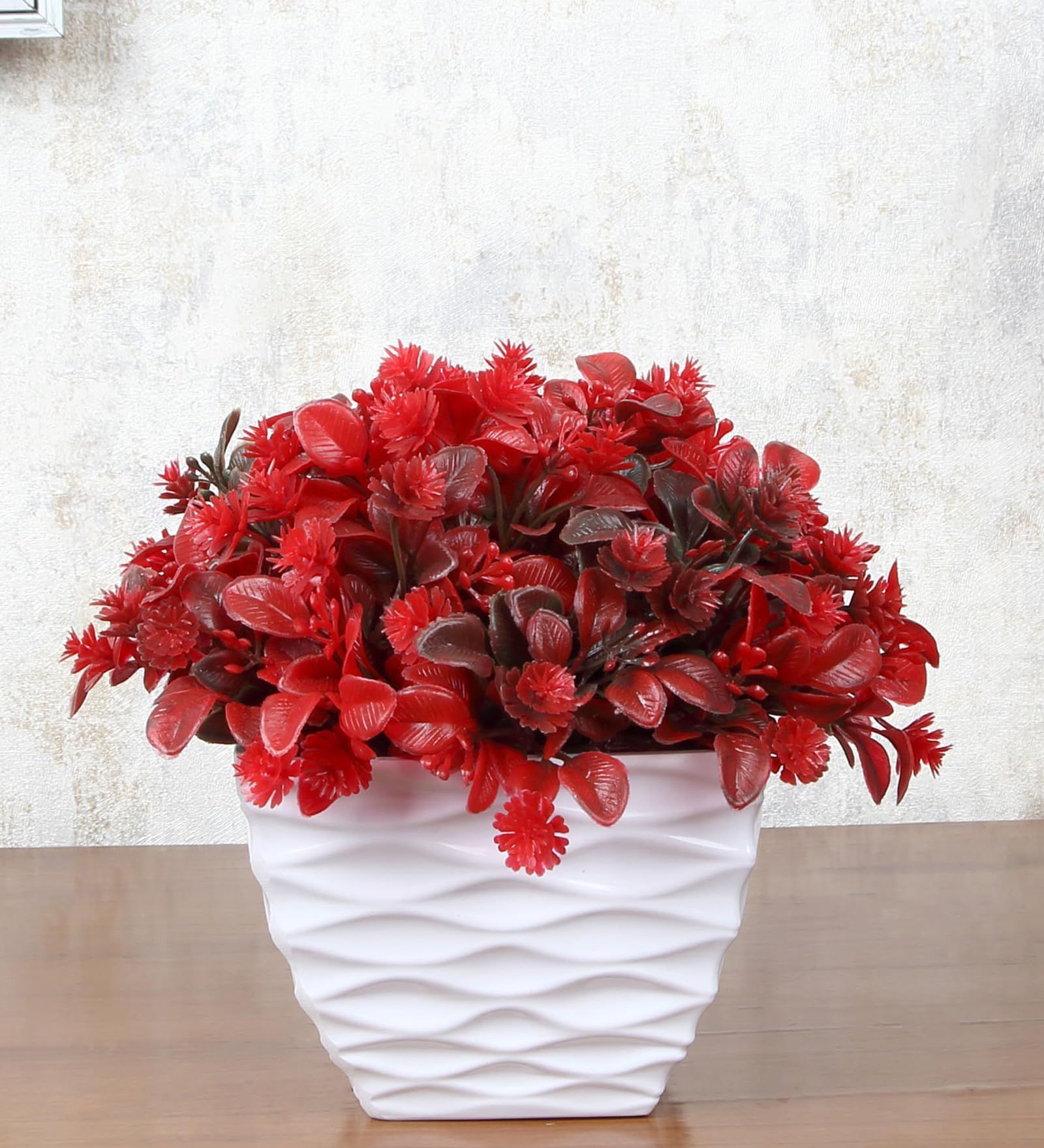 Foliyaj Artificial Red Flowery Plant with White Pot |Artificial Plants for Home Decor| Indoor Artificial Plants for Living Room|Potted Artificial Plants