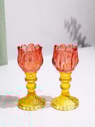 VON CASA Lotus Red & Yellow Glass T-Light Holder – Set of 2