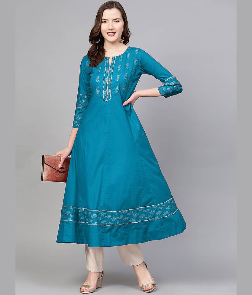 Yash Gallery Cotton Printed Flared Women's Kurti - Teal ( Pack of 1 )