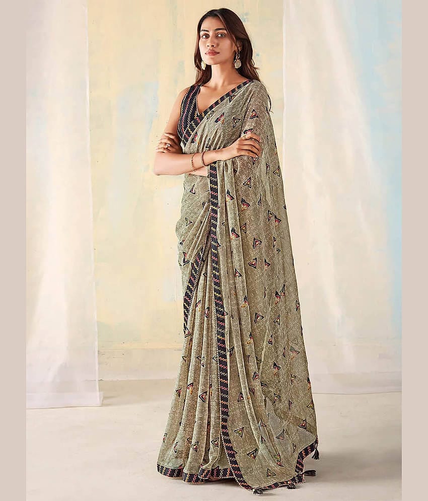 BLEESBURY Georgette Striped Saree With Unstitched Blouse Piece ( Green )