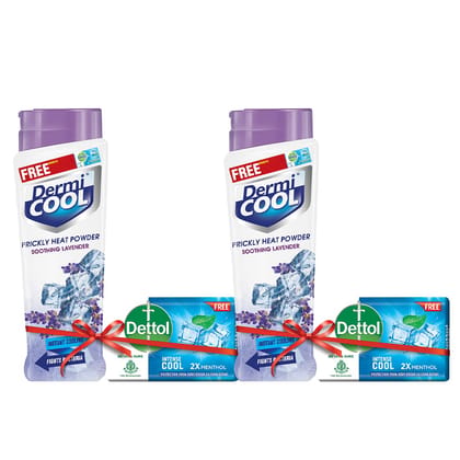 Dermicool Soothing Lavender Prickly Heat Powder – 150g (Pack of 2) | Dettol Cool Soap 125g Free | Cooling relief from prickly heat, burning & itching of skin