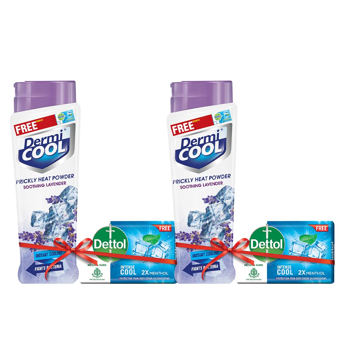 Dermicool Soothing Lavender Prickly Heat Powder – 150g (Pack of 2) | Dettol Cool Soap 125g Free | Cooling relief from prickly heat, burning & itching of skin