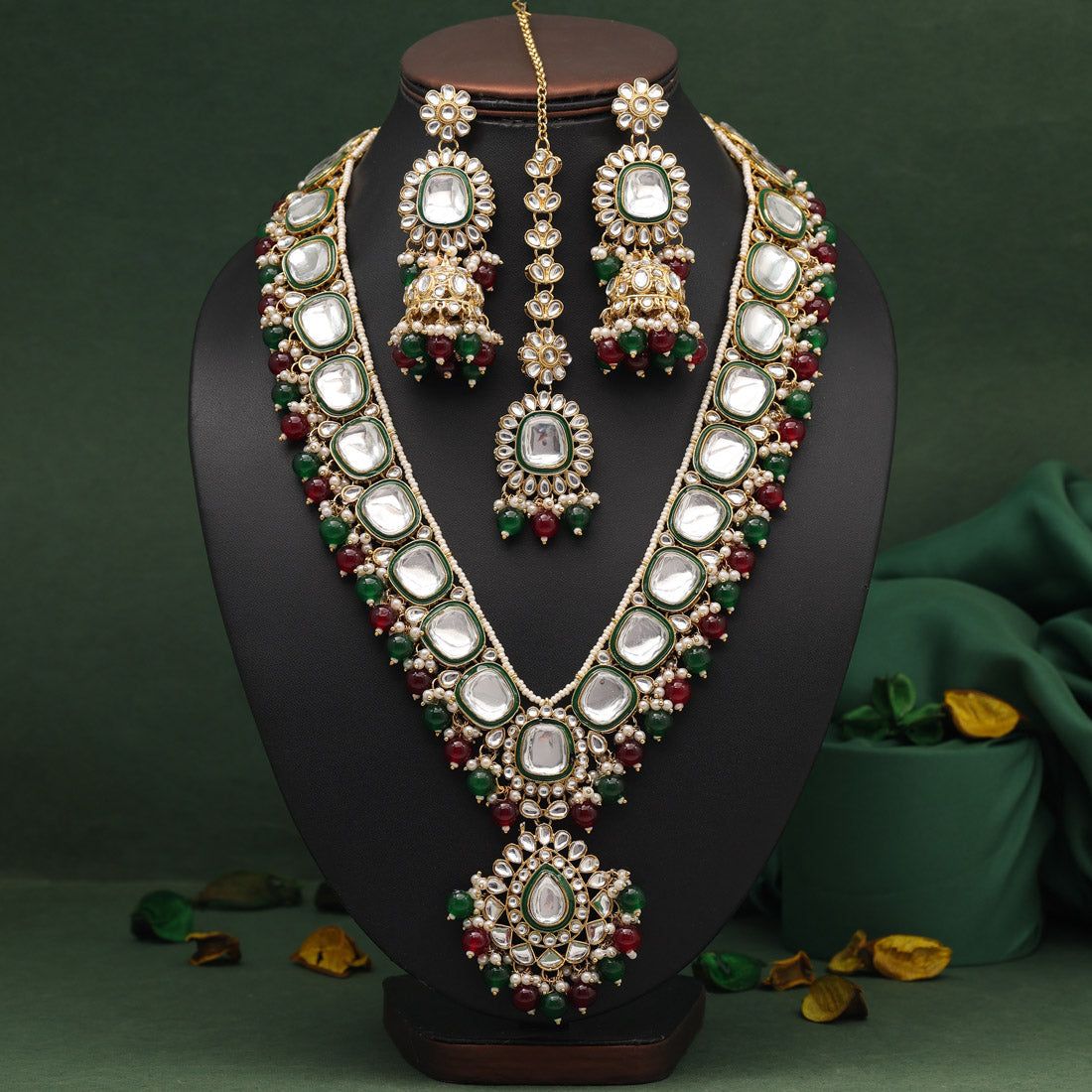 Maroon & Green Color Long Kundan Necklace Set-Adjustable Rope / Green / Alloy With Good Quality Gold Plated