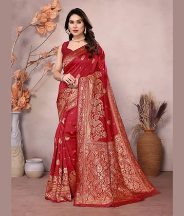 SARIK  FASHION Banarasi Silk Woven Saree With Unstitched Blouse Piece ( Red )
