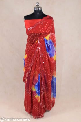 Red shibori saree with foil mirror work border