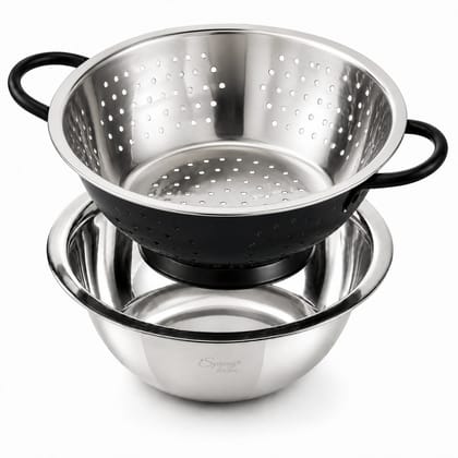 Spring by LA FORTE 2-in-1 Stainless Steel Bowl with Black Colander Set, 23.5 cm | Fruit & Vegetable Washer, Pasta/Noodle Strainer, Rice & Dal Rinse Bowl, Kitchen Prep & Drain Set Spring by LA FORTE 2-in-1 Stainless Steel Bowl with Black Colander Set, 23.5 cm | Fruit & Vegetable Washer, Pasta/Noodle Strainer, Rice & Dal Rinse Bowl, Kitchen Prep & Drain Set
