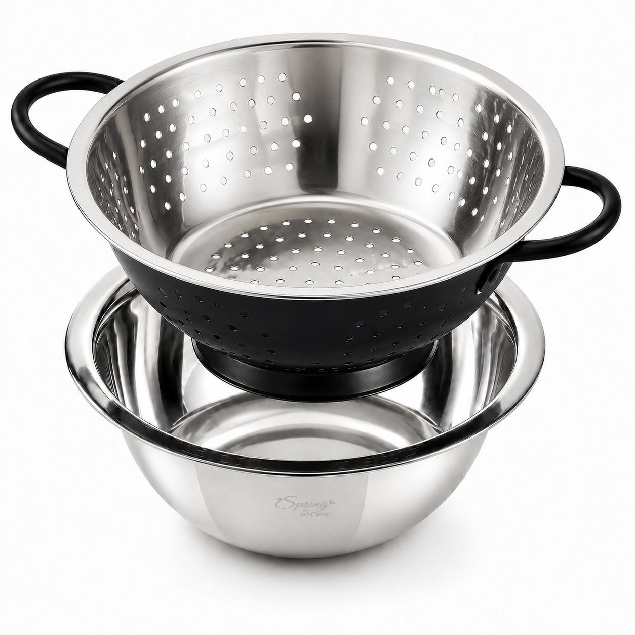 Spring by LA FORTE 2-in-1 Stainless Steel Bowl with Black Colander Set, 23.5 cm | Fruit & Vegetable Washer, Pasta/Noodle Strainer, Rice & Dal Rinse Bowl, Kitchen Prep & Drain Set