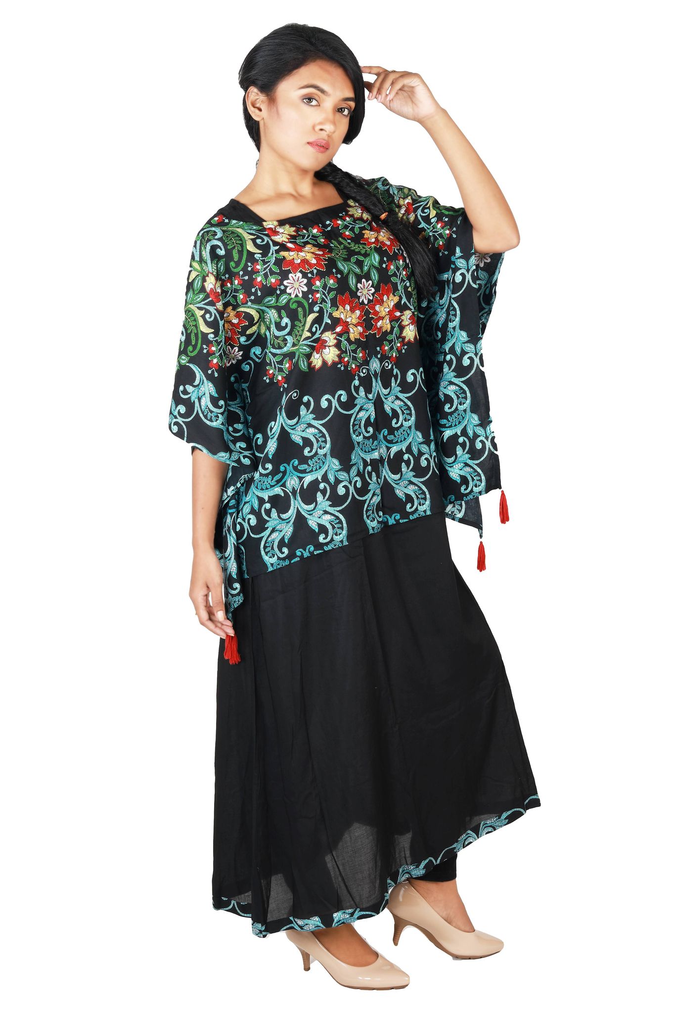 Women's Rayon Front Self-Work, Printed Poncho Sleeveless Kurti (Color:- Black)