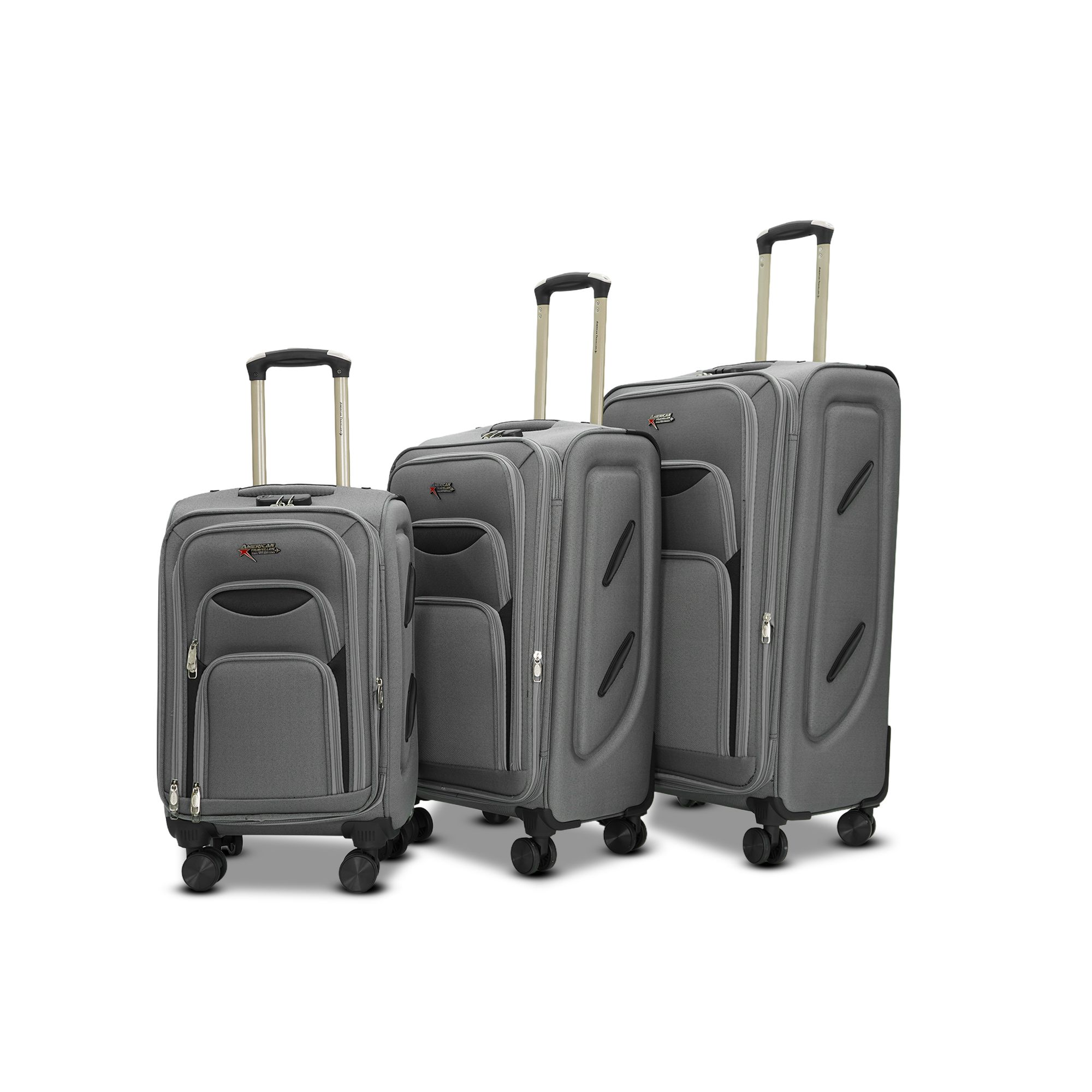 AMERICAN TRAVELLER Tourissem Bossed Trolley Bags Set of 3 Cabin, Medium, Large | Travel Suitcase Luggage | 18% Expandable | 360 Dual Disc Spinner Wheels | Lock & Telescopic Handle (3, Dark Grey)