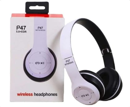 P47 Wireless Bluetooth Headphones, Deep Bass, Foldable Design, Built-in Mic, All-Day Comfort and Noise Isolation Color - White