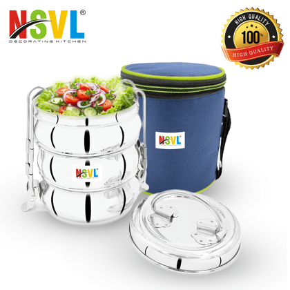 NSVL Stainless Steel 3 Compartment Lunch Box/Tiffin with Insulated Pouch 11 Cm Belly (1150ML, Silver)