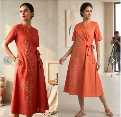 Womens Rust Orange Cotton Wrap Dress with Floral Embroidery | Short Sleeve Tie-Up Casual A-Line Midi Dress