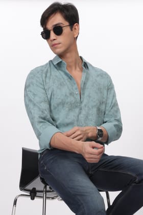 Teal Slim Fit Self Design Casual Shirt-S