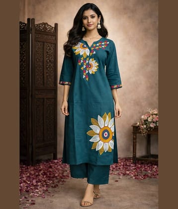 Aarika Women Cotton Embroidered Straight Kurti With Pants ( Teal )