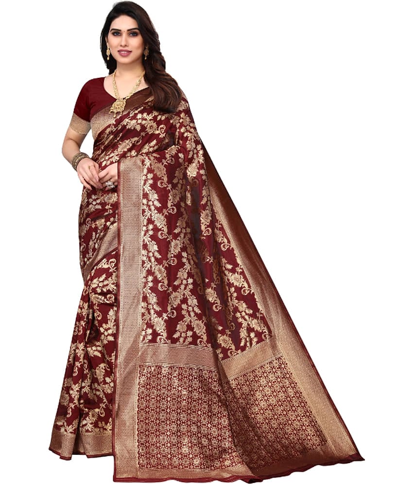 Aadvika Banarasi Silk Printed Saree With Unstitched Blouse Piece ( Maroon )