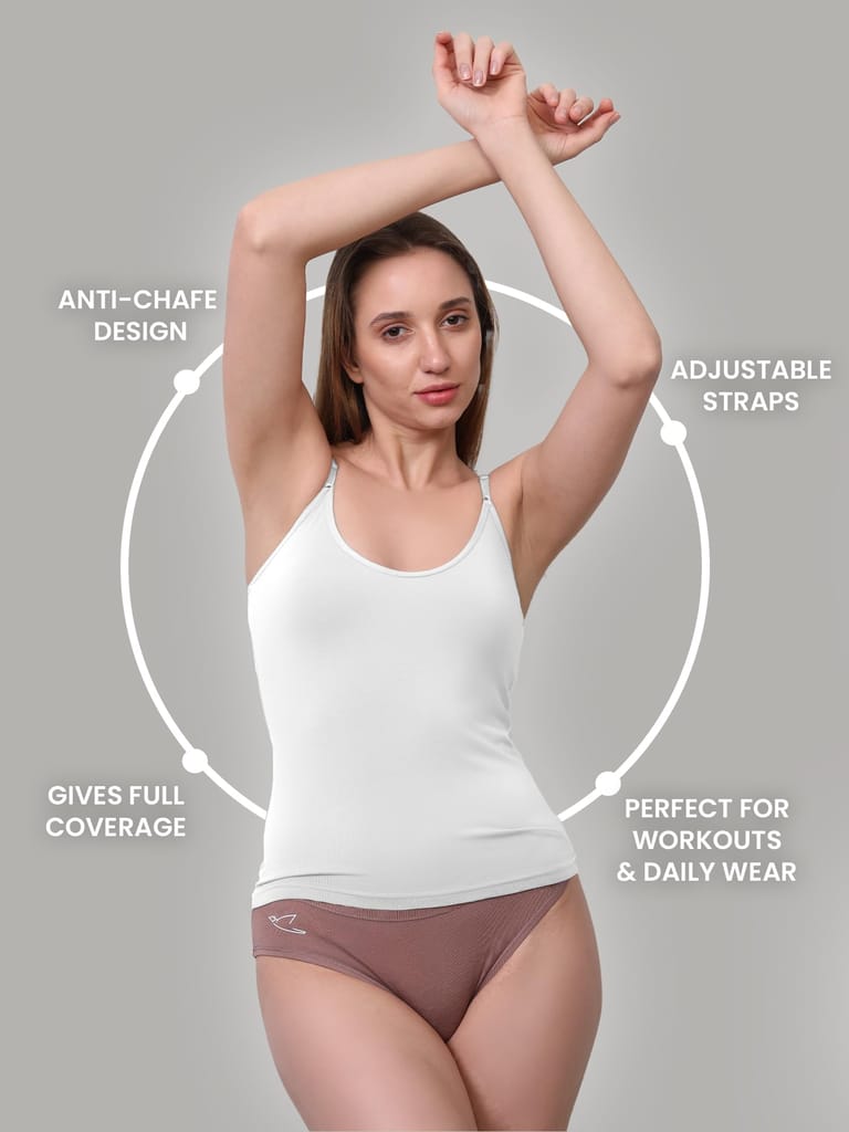 Freecultr Seamless Micromodal Camisole for Women with Adjustable Spaghetti Straps | Lightweight Layering Tank Top Casual Outfits & Sleepwear | Soft Breathable Stretch Fabric-White