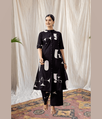 YAGNIK FASHION Women Cotton Blend Self Design A-line Kurti With Pants ( Black )