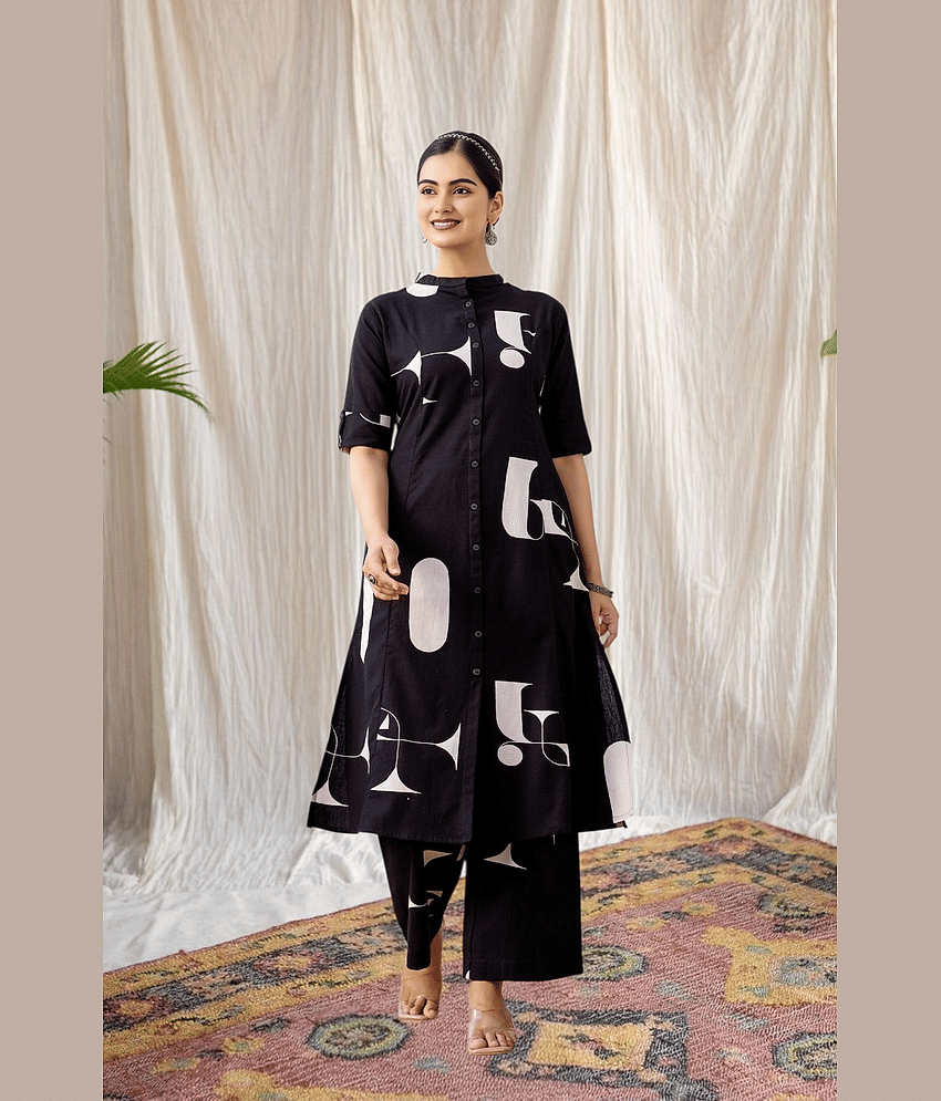 YAGNIK FASHION Women Cotton Blend Self Design A-line Kurti With Pants ( Black )