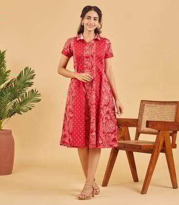Red Floral Button Up Shirt Dress-XS / Red
