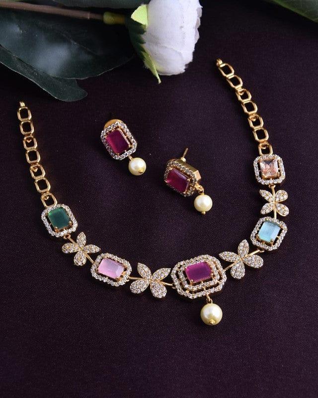 Multicolour Flower Model Necklace with Earrings