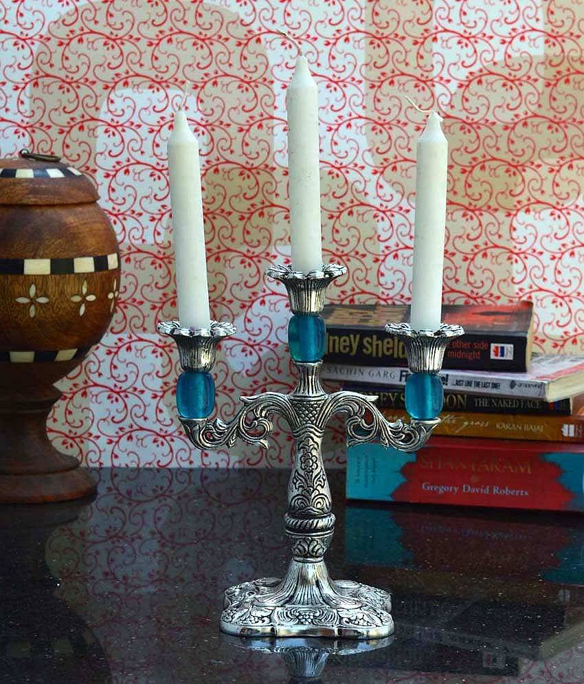 eCraftIndia Silver-Toned & Royal Blue Decorative Handcrafted Candle Stand
