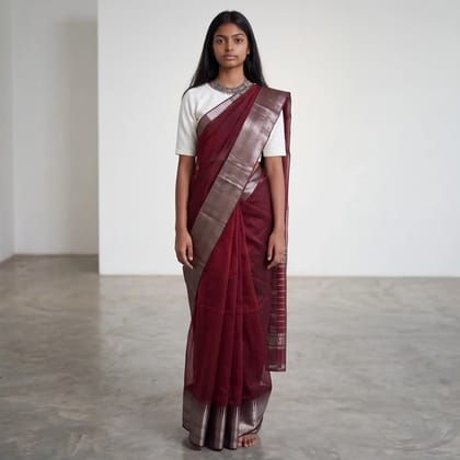 Mangalgiri Wine Red Silk Cotton Saree Temple Zari Border