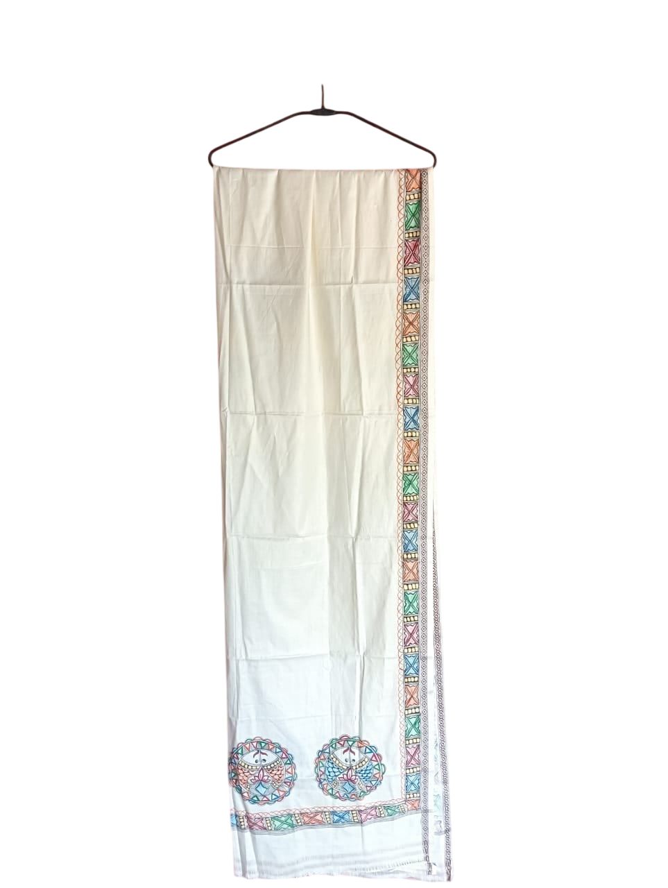 Exquisite Bhagapuri Silk Dupatta with Handmade Madhubani Painting, Vibrant Colors and Geometric Floral Motifs, Ideal for Weddings and Cultural Events, Soft and Lightweight Silk Accessory