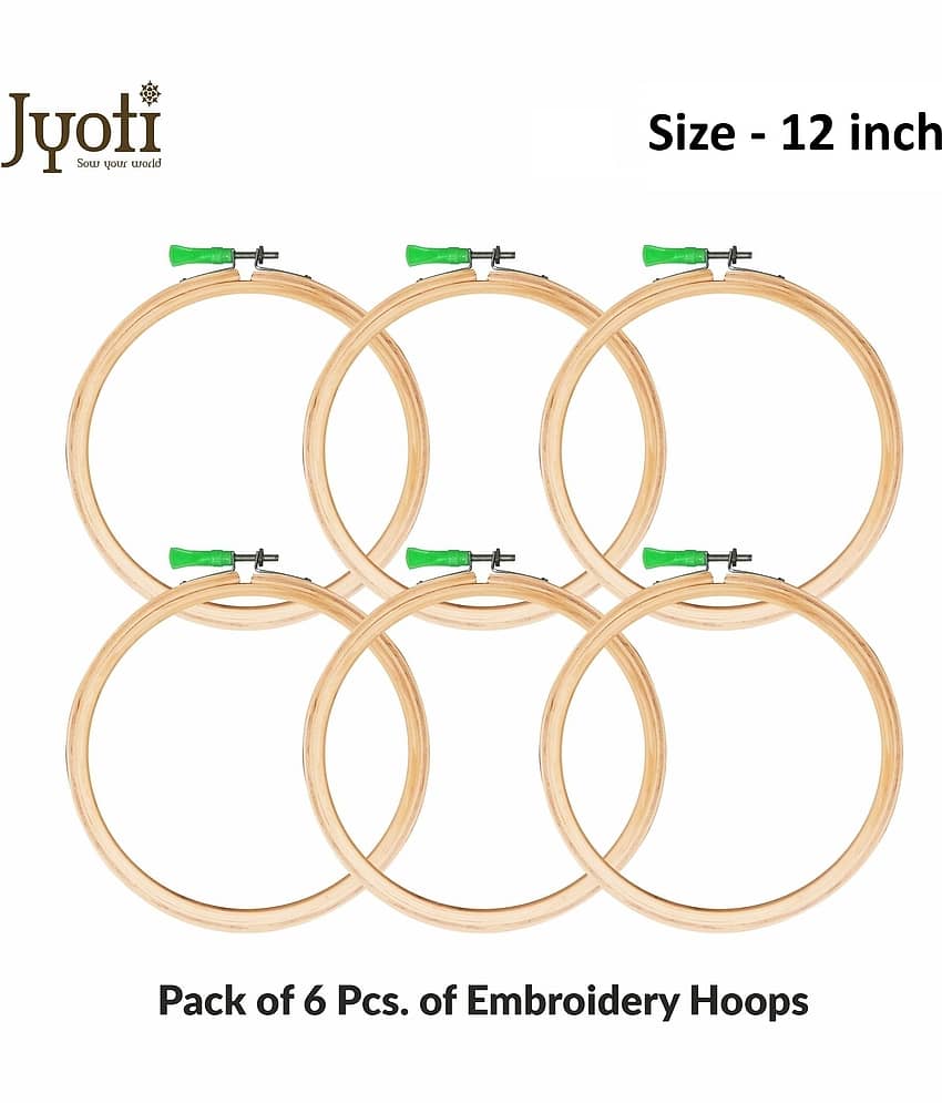 Jyoti Embroidery Hoop, Wooden Round Adjustable, (3 Ply of 12 Inches with Steel Fitting), Easily Loosen/Tighten, Cross Stitch Hoop Ring for Sewing, Needlework, Craft Projects & Ornaments - Pack of 6