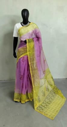 Kota Doria Cotton-Silk Saree, Block Print with Bright Yellow Border