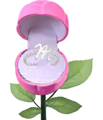 Vighnaharta Stylish "M" Alphabet Rhodium Plated Alloy Ring with pink rose box