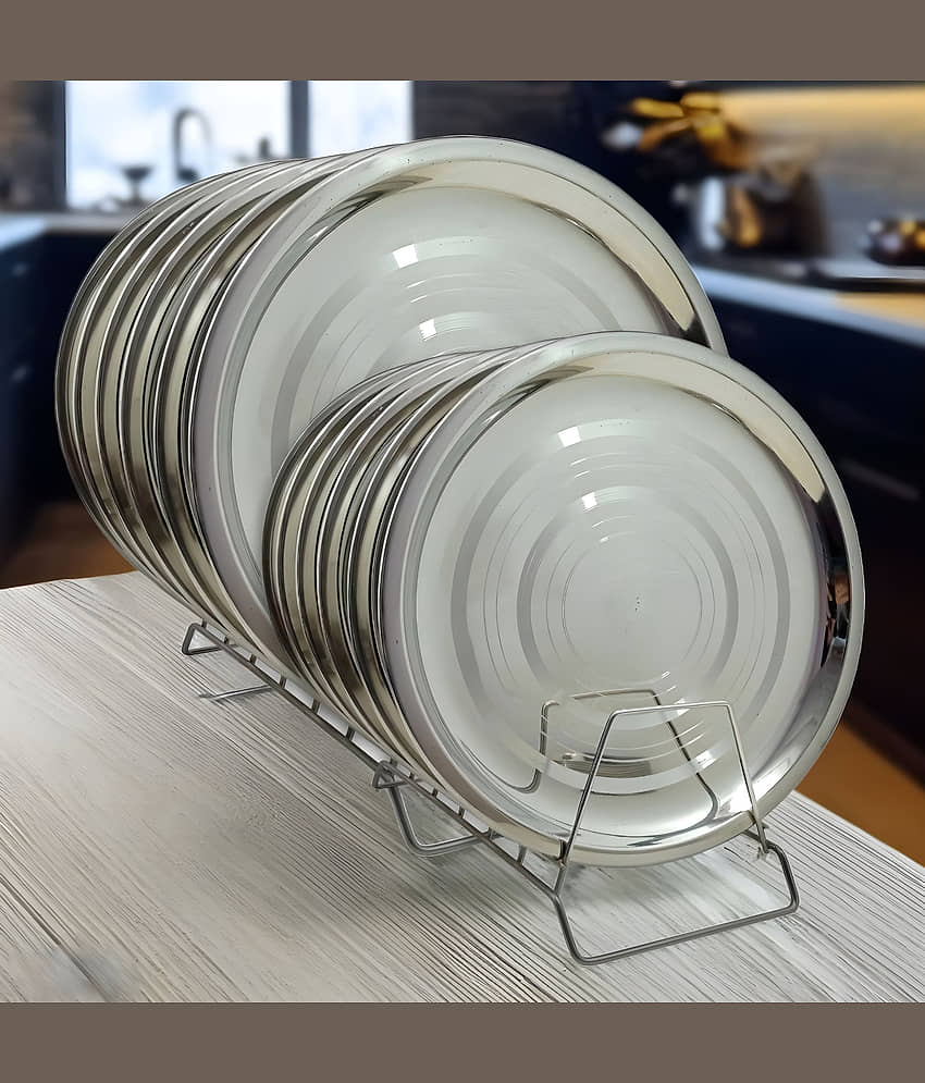 kitchrox 12 Pcs Stainless Steel Silver Full Plate & Half Plate
