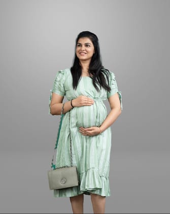 Pastel green white printed dress with adjustable waist band -  Sleeveless