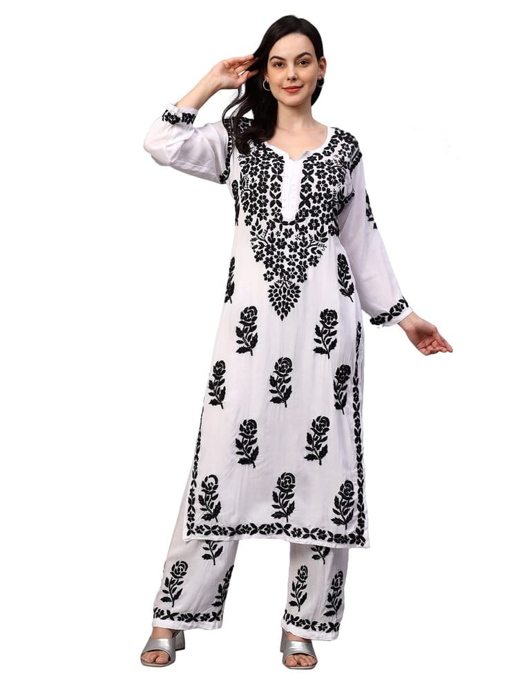 MRS RIGHT CHIKANKARI HAND EMBROIDERED BLACK AND WHITE SUIT