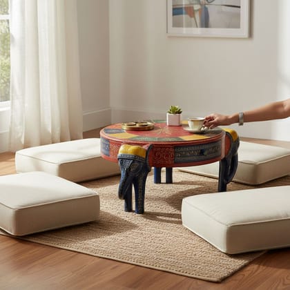 Wood Elephant Painted Side Coffee Table