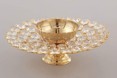 Collectible India Small Crystal Akhand Diya Brass Oil Puja Lamp for Home Office Gifts Pooja Articles Decor